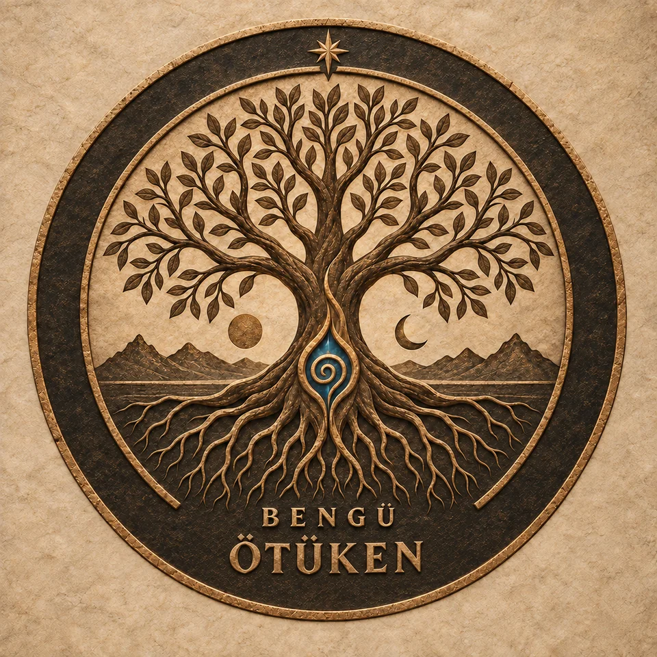 Das Ötüken-Siegel: ein mächtiger Urbaum mit Wurzeln, einem blauen Spiralkern, Bergen, Sonne und Mond, eingefasst in einen bronzenen Kreis.