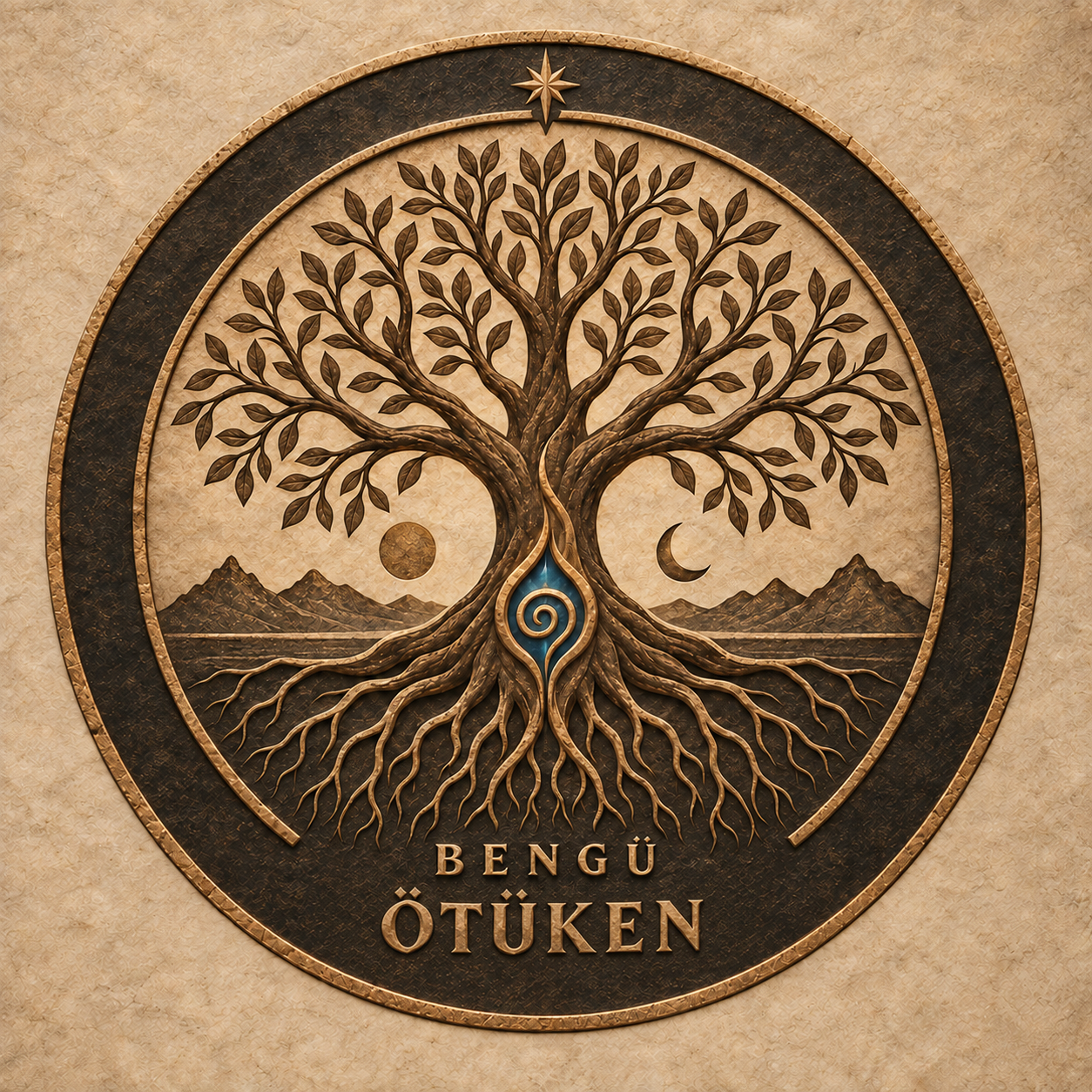 Das Ötüken-Siegel: ein mächtiger Urbaum mit Wurzeln, einem blauen Spiralkern, Bergen, Sonne und Mond, eingefasst in einen bronzenen Kreis.